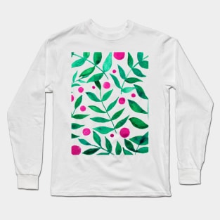 Watercolor branches and berries - green and pink Long Sleeve T-Shirt